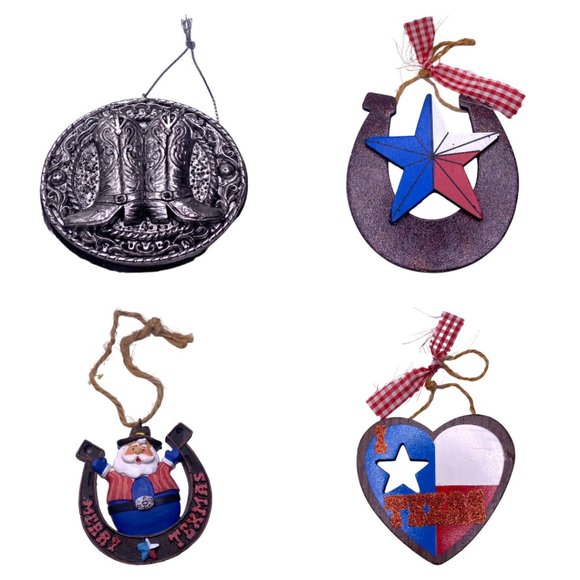 Texas TX Cowboy Ornament Lot (4 ) Horseshoe Santa Boot Heart Flag - Picture 1 of 10